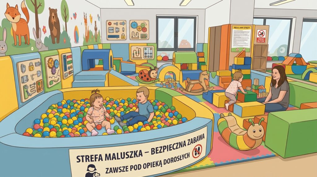 Kolorowa i bezpieczna strefa maluszka w sali zabaw z basenem z kuleczkami, klockami piankowymi i tablicami manipulacyjnymi